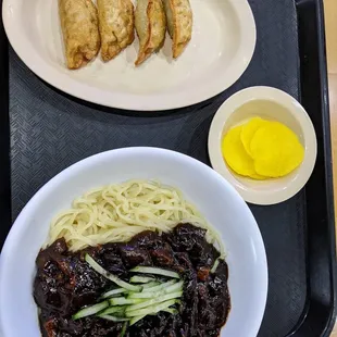 Jjajangmyeon and Gunmandu half portion