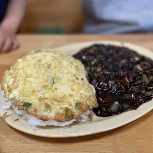 Jajangbap / Blackbean Sauce Over Omelet Rice &amp; Spicy Soup on the Side
