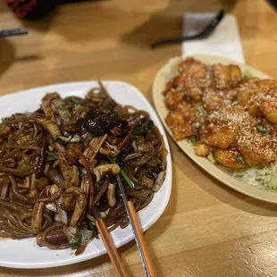 Stir-fried Jaengban-Jjajang / Stir-Fried Blackbean Sauce Noodle with Seafood and Veggies (left) + Chili Shrimp (right)