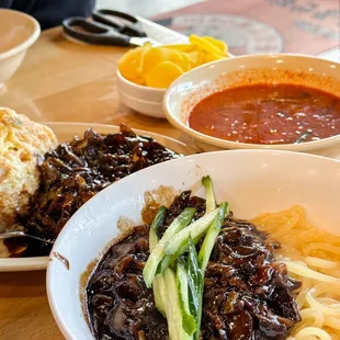 Jajangmyeon / Blackbean Sauce Noodle, Jajangbap / Blackbean Sauce Over Omelet Rice &amp; Spicy Soup on the Side @lesminaddio