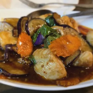 Eggplant with steam fish - flavorful but unexpected a little sweet for 6/10 level