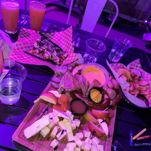 Two hazy ipa's, Bavarian pretzel charcuterie, redneck shooshi, and a side of thick cut fries!  Yumm!