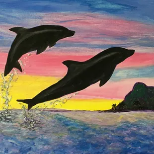 Final &quot;Dolphins Flying High&quot; painting after bringing it home and adding more blue and white to the water and glitter to the water splashes!