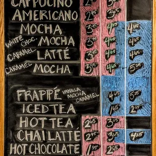 a chalk board with a variety of drinks