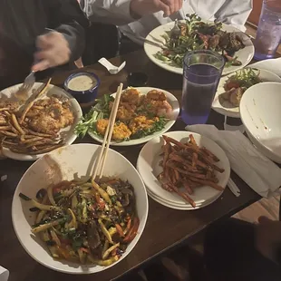 Firecracker shrimp, fried chicken, Korean beef bowl,  awesome steak salad.