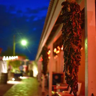 a patio area at night