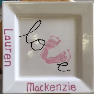 Make great one-of-a-kind keepsakes! This was painted with the help of the owner Cara and 2 week old Lauren