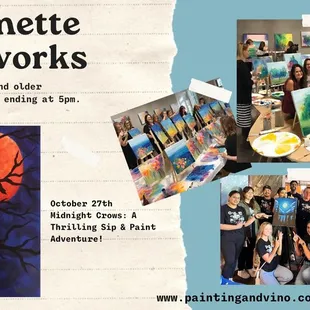 Sun, Oct 27th @ 2:00 pm - 5:00 
Willamette Wineworks

Midnight Crows
https://paintingandvino.com/event/midnight-crows/