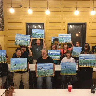 Our Heron in the water paintings.  Not bad for a bunch of amateurs!  Great Birthday party!