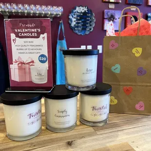 Pre-Made Scented Candles for V-Day or make your own in the studio.