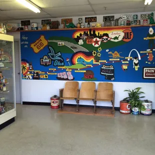 Clean, comfortable waiting area with vintage oil &amp; gas and Route 66 items to enjoy