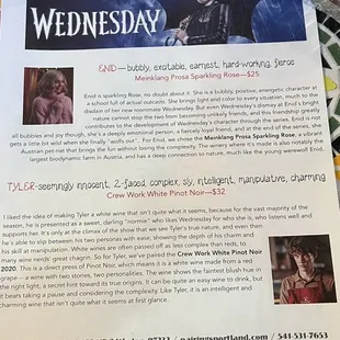 Wine flight pairings with the TV show Wednesday