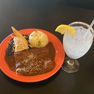 a plate of food and a drink