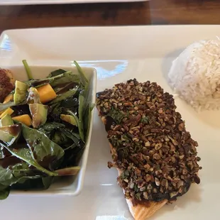 Pecan encrusted salmon with coconut pecan rice and a mango avocado salad with fried goat cheese
