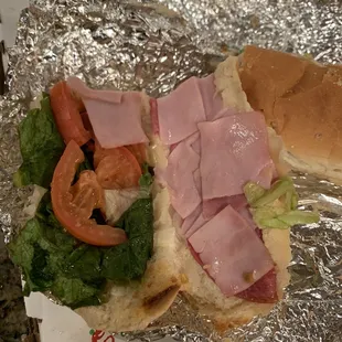 A very poorly made Italian sub sandwich.  What were they doing with ham all cubbies.  I guess this is from there pizzia toppings