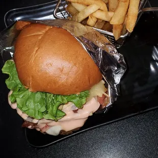 Beef Colombian burger with fries