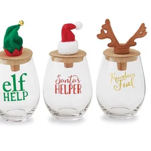 Holiday wine glasses with wine stopper!