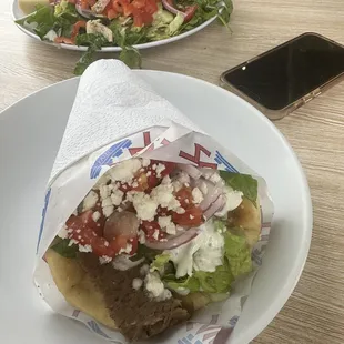Front: Original Gyros Pita, Back: Greek Salad