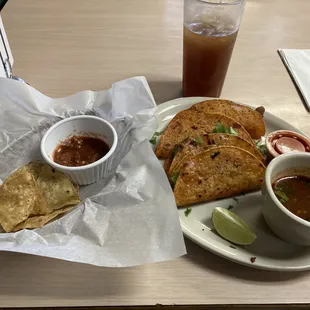 Chips &amp; salsa, quesabirria, unsweet tea.