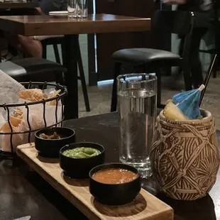 Chips and 3 Salsas and pina colada