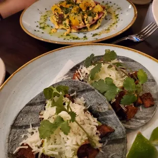 Potato tacos and tuna tostada