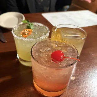 Top left habanero marg, middle Cocktail of the Moment (cherry marg)