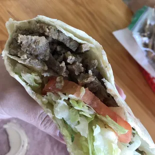 Gyro. You can either put fresh onions or lettuce in this delightful pita.