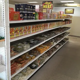 shelves of food in a grocery store