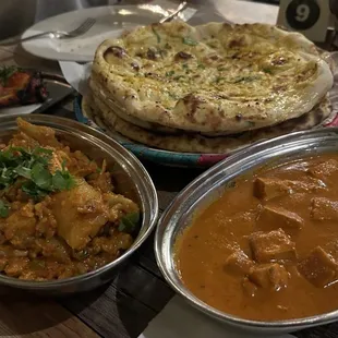 paneer tikka masala, Vegetable Korma, Garlic Naan, Mango Lassi