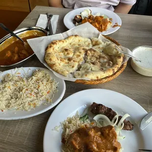 Plain Basmati Rice, Chicken Tikka Masala, beef Seekh Kabab, Naan, Raita