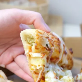 a hand holding a piece of pizza