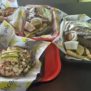 ceviche and tacos and hotdog