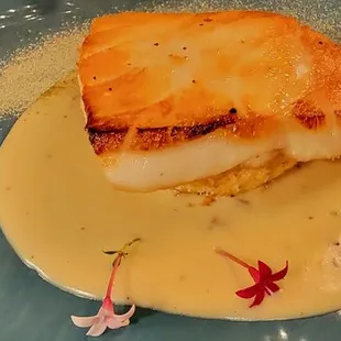 Chilean sea bass over crab cake