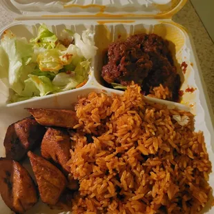 JOLLOF RICE,  PLANTAIN, BEEF STEW (BARELY), SALAD