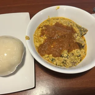 Left to right - fufu, goat egusi
