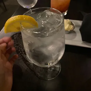 a hand holding a glass of water with a lemon wedge