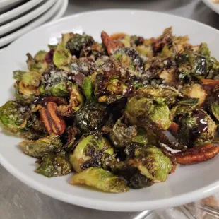 Crispy brussels sprouts with candied pecans and bacon