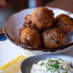 newaukum valley leek fritters, preserved lemon aioli