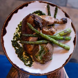 apple wood rotisserie chicken, prosser farm green garlic pesto, yakima asparagus