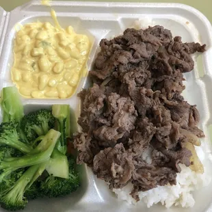 Beef Bulgogi w/ Macaroni Salad &amp; Broccoli at Palace Korean BBQ &amp; Grill.