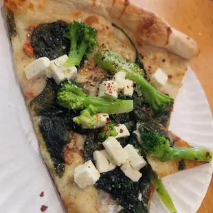 a slice of pizza on a paper plate