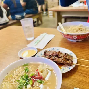 Won ton min with skewer sticks, don&apos;t forget the hot mustard