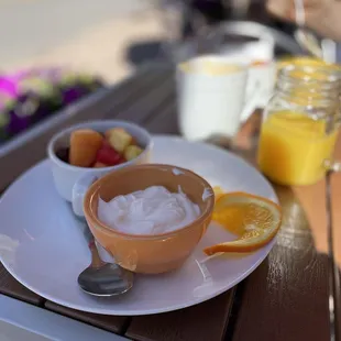 a bowl of yogurt and a bowl of fruit