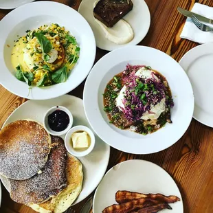 Lemon ricotta pancakes (aka the best pancakes in the world), Eggs Benedict, and Korean steak and eggs