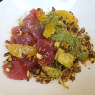 Tuna crudo -- fresh raw tuna, pistachios, avocado, orange segments, fennel. To. Die. For.