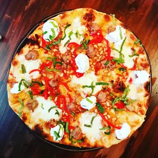 Lamb Merguez Sausage, Garlic Confit, Roasted Pepper, Pine Nut, Tzatziki Pizza