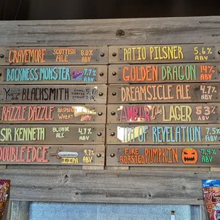 Left board, the Chocolate Coffee Stout is great. mix it with the Raspberry Brown Ale (according to Amara)