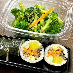 Gobo &amp; Meat Kimbap and Seasoned broccoli.