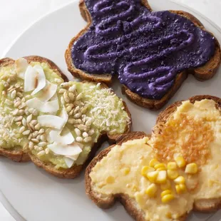 Ube toast, pandan toast, and mais con queso toast.