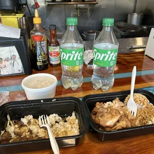 Teriyaki and chicken with rice and drinks